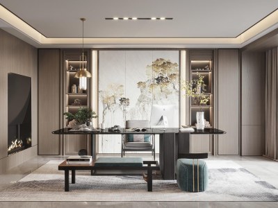 新中式家居书房3D模型下载